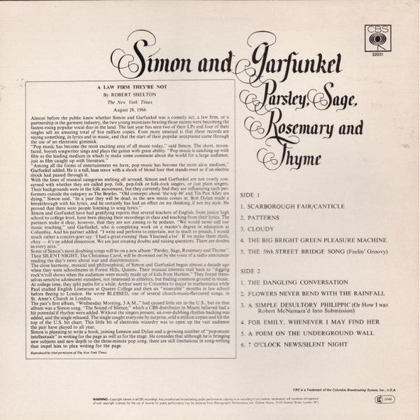 Simon & Garfunkel – Parsley, Sage, Rosemary And Thyme LP vinyl record, image 2 of 4