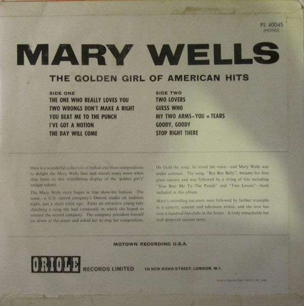 Mary Wells – The Golden Girl Of American Hits LP vinyl record, image 2 of 4