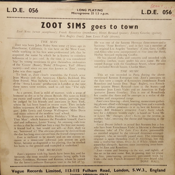 Zoot Sims – Zoot (Sims) Goes To Town 10" vinyl record, image 2 of 4