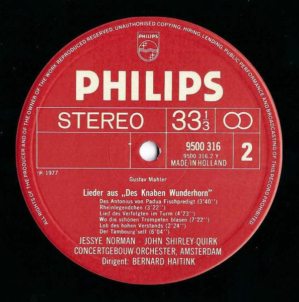 Gustav Mahler, Jessye Norman, John Shirley-Quirk, Concertgebouworkest, Bernard Haitink – Songs From "Des Knaben Wunderhorn" LP vinyl record, image 5 of 5