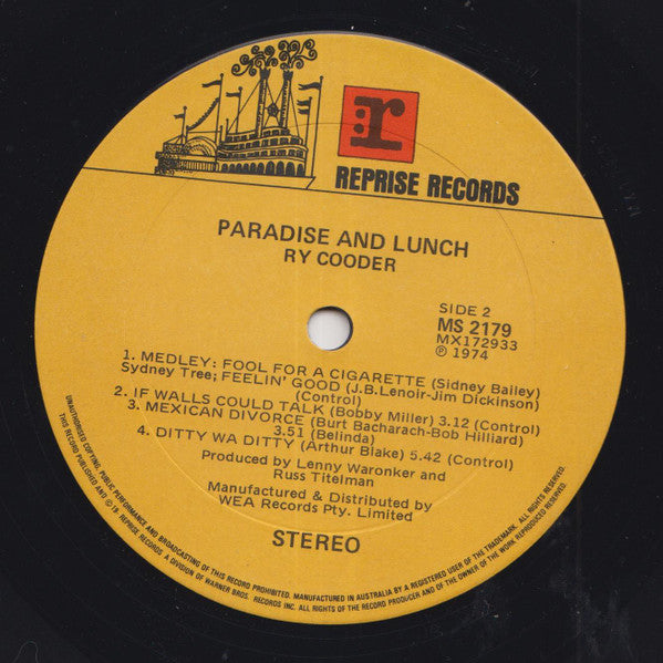 Ry Cooder – Paradise And Lunch LP vinyl record, image 3 of 3