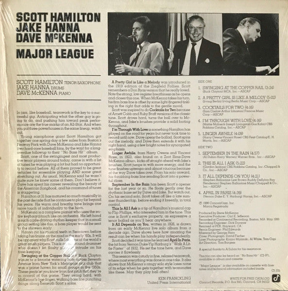 Scott Hamilton, Jake Hanna, Dave McKenna – Major League LP vinyl record, image 2 of 2