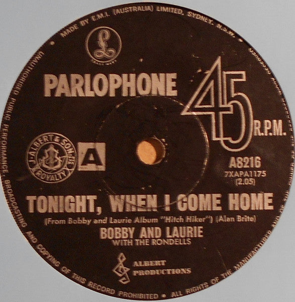 Bobby And Laurie, The Rondells – Tonight, When I Come Home 7" vinyl record, image 1 of 2