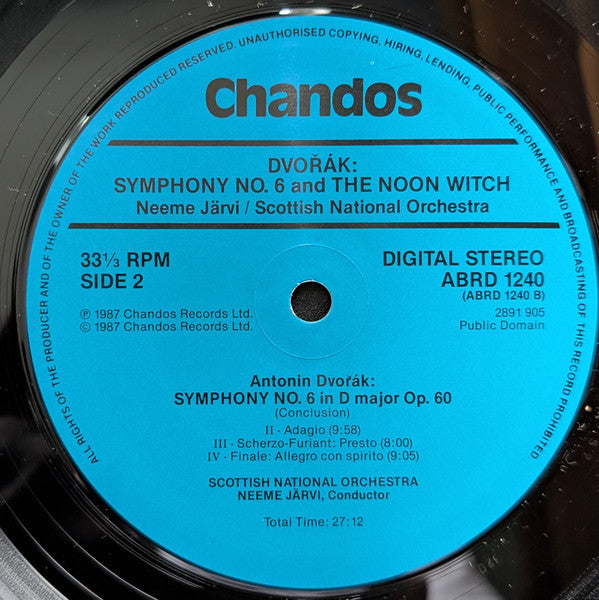Antonín Dvořák, Royal Scottish National Orchestra, Neeme Järvi – Symphony No. 6 In D Major Op.60 / The Noon Witch (Symphonic Poem Op.108) LP vinyl record, image 4 of 4