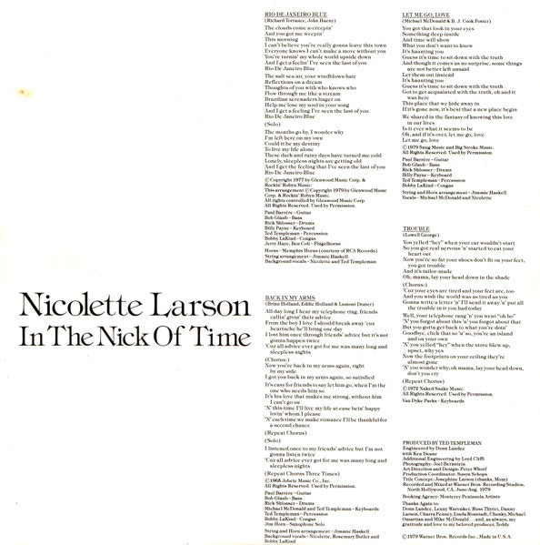 Nicolette Larson – In The Nick Of Time LP vinyl record, image 5 of 6