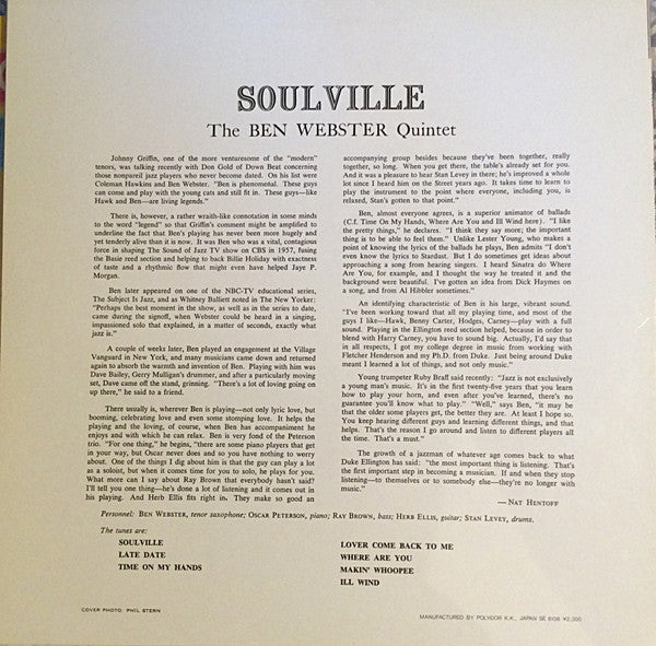 The Ben Webster Quintet – Soulville LP vinyl record, image 4 of 8