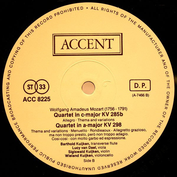 Wolfgang Amadeus Mozart, Barthold Kuijken, Sigiswald Kuijken, Lucy Van Dael, Wieland Kuijken – Flute Quartets LP vinyl record, image 4 of 6