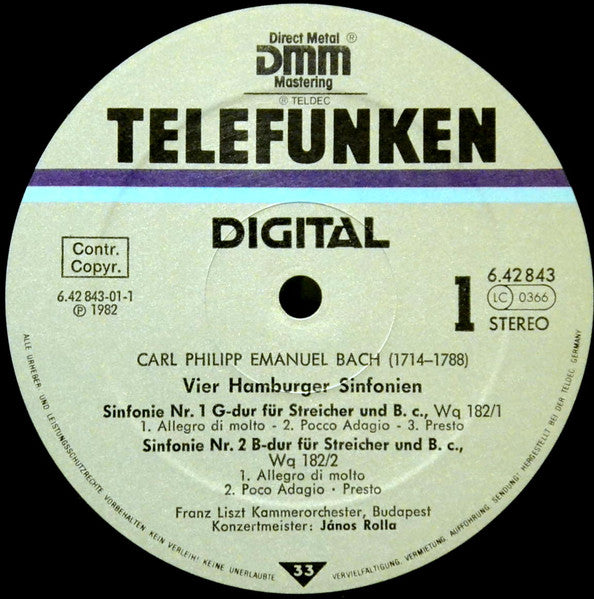 Carl Philipp Emanuel Bach, János Rolla, Liszt Ferenc Chamber Orchestra – 4 Hamburger Sinfonien LP vinyl record, image 3 of 3