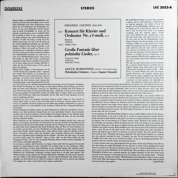 Arthur Rubinstein, The Philadelphia Orchestra, Eugene Ormandy, Frédéric Chopin – Concerto No. 2 In F Minor / Grand Fantasy On Polish Airs LP vinyl record, image 3 of 5