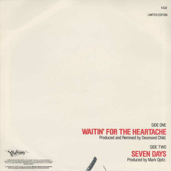 Jimmy Barnes – Waitin' For The Heartache 7" vinyl record, image 2 of 4