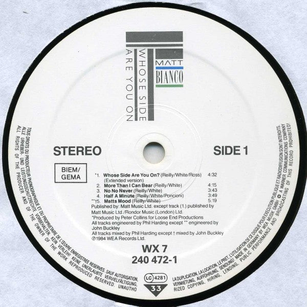 Matt Bianco – Whose Side Are You On LP vinyl record, image 3 of 10