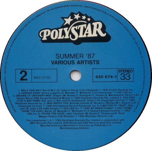 Various – Summer '87 LP vinyl record, image 4 of 4