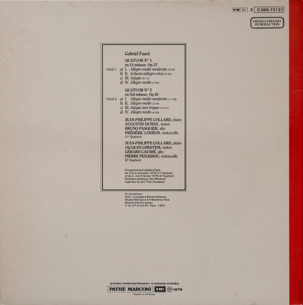 Gabriel Fauré, Jean-Philippe Collard, Augustin Dumay, Bruno Pasquier, Frédéric Lodéon, Jacques Ghestem, Gérard Caussé, Pierre Penassou – Les Quatuors Avec Piano LP vinyl record, image 4 of 6