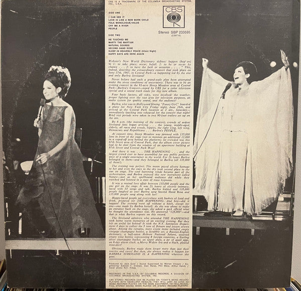 Barbra Streisand – A Happening In Central Park LP vinyl record, image 2 of 4