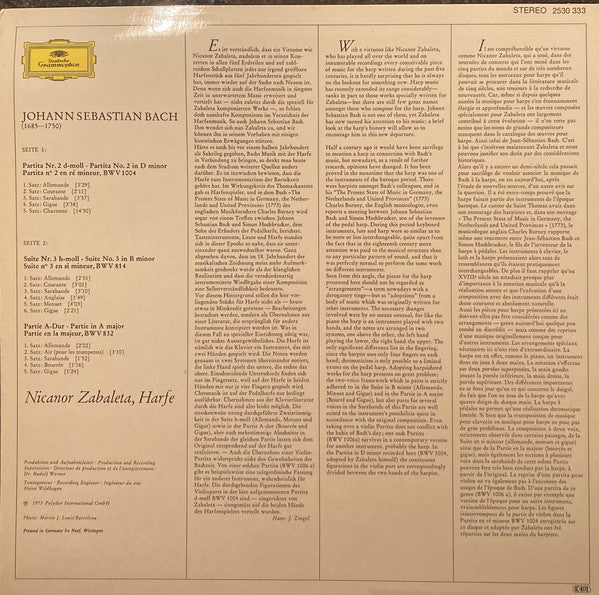 Johann Sebastian Bach, Nicanor Zabaleta – Partita BWV 1004 ∙ Suite BWV 814 ∙ Partie BWV 832 LP vinyl record, image 2 of 4