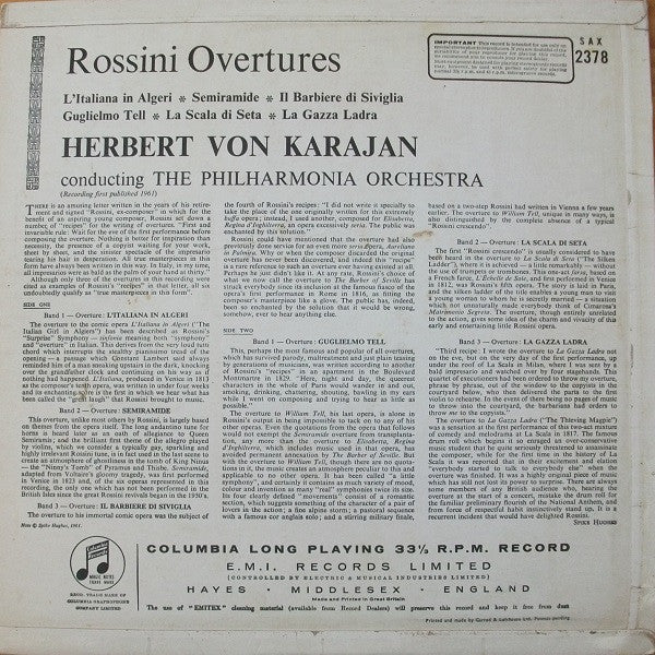 Gioacchino Rossini, Herbert von Karajan, Philharmonia Orchestra – Rossini Overtures LP vinyl record, image 2 of 4