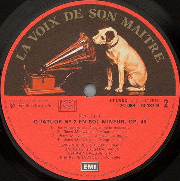 Gabriel Fauré, Jean-Philippe Collard, Augustin Dumay, Bruno Pasquier, Frédéric Lodéon, Jacques Ghestem, Gérard Caussé, Pierre Penassou – Les Quatuors Avec Piano LP vinyl record, image 6 of 6
