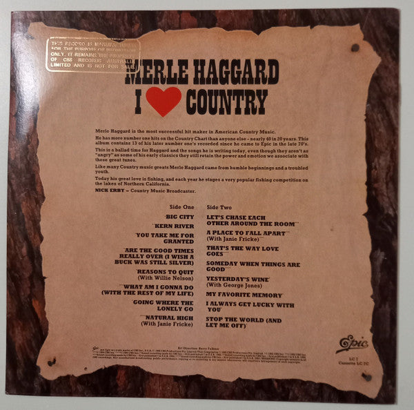 Merle Haggard – I ♥ Country LP vinyl record, image 2 of 4