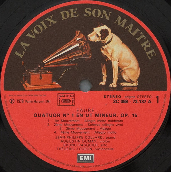 Gabriel Fauré, Jean-Philippe Collard, Augustin Dumay, Bruno Pasquier, Frédéric Lodéon, Jacques Ghestem, Gérard Caussé, Pierre Penassou – Les Quatuors Avec Piano LP vinyl record, image 5 of 6