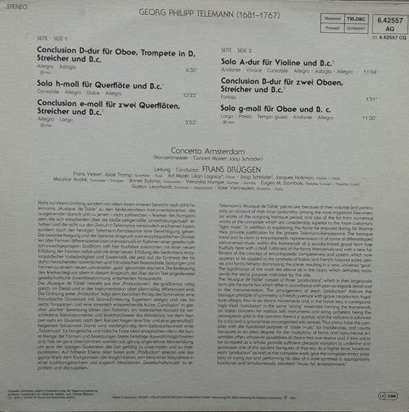 Georg Philipp Telemann – Conclusionen Und Soli Der Tafelmusik LP vinyl record, image 2 of 4