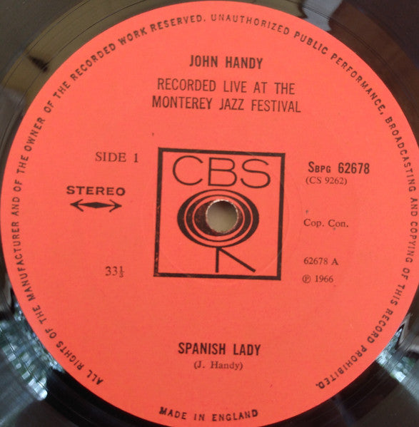 John Handy – Recorded Live At The Monterey Jazz Festival LP vinyl record, image 4 of 4