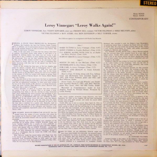 Leroy Vinnegar Quintet – Leroy Walks Again LP vinyl record, image 2 of 4