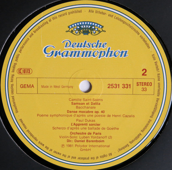 Hector Berlioz, Paul Dukas, Camille Saint-Saëns, Daniel Barenboim, Orchestre De Paris – Le Carnaval Romain - Béatrice Et Bénédict - La Damnation De Faust - Le Déluge - Samson Et Dalila - Danse Macabre - L'Apprenti Sorcier LP vinyl record, image 4 of 4