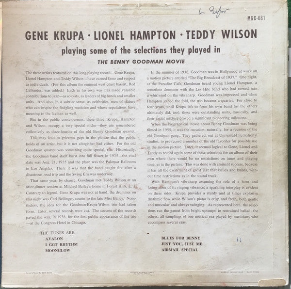 Gene Krupa, Lionel Hampton, Teddy Wilson – Gene Krupa, Lionel Hampton, Teddy Wilson Playing Some Of The Selections They Played In The Benny Goodman Movie LP vinyl record, image 3 of 3