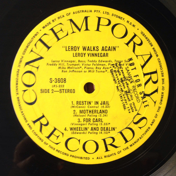 Leroy Vinnegar Quintet – Leroy Walks Again LP vinyl record, image 4 of 4