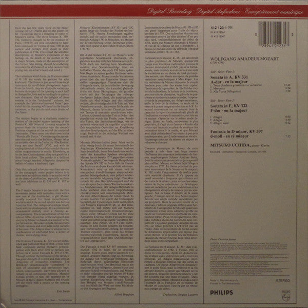 Wolfgang Amadeus Mozart, Mitsuko Uchida – 2 Sonatas = 2 Sonaten : KV 331 "Alle Turca" / KV 332 / Fantasie KV 397 LP vinyl record, image 2 of 6