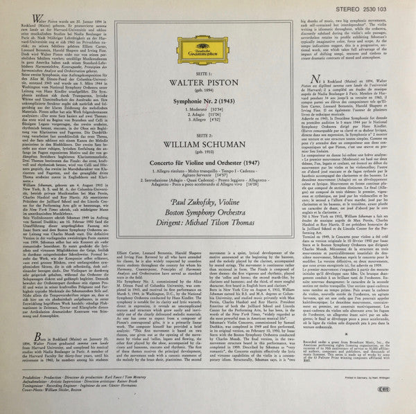 William Schuman, Walter Piston, Paul Zukofsky, Boston Symphony Orchestra, Michael Tilson Thomas – Violin Concerto / Symphony No. 2 LP vinyl record, image 2 of 4