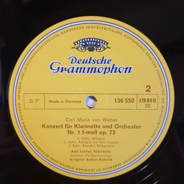 Wolfgang Amadeus Mozart, Carl Maria Von Weber, Rafael Kubelik, Karl Leister, Berliner Philharmoniker – Mozart · Weber: Klarinettenkonzerte LP vinyl record, image 4 of 4