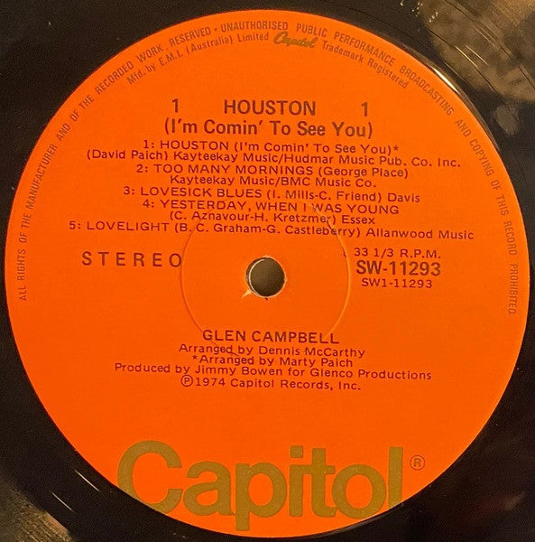 Glen Campbell – Houston (I'm Comin' To See You!) LP vinyl record, image 3 of 4