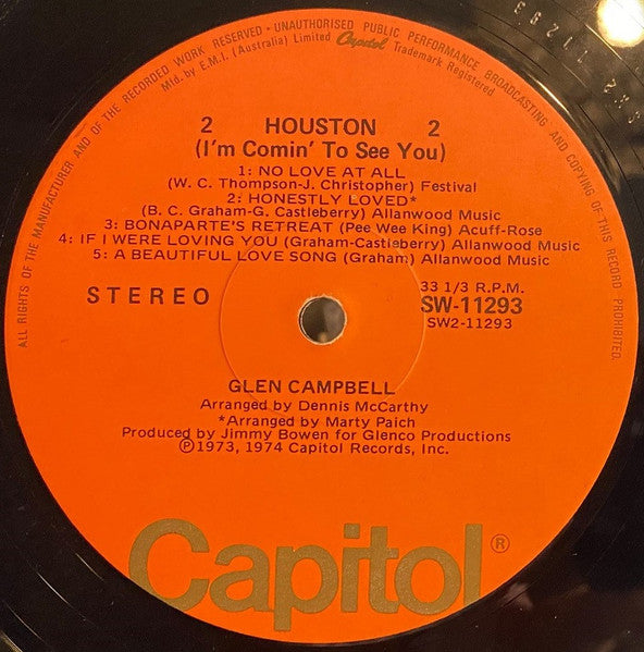 Glen Campbell – Houston (I'm Comin' To See You!) LP vinyl record, image 4 of 4