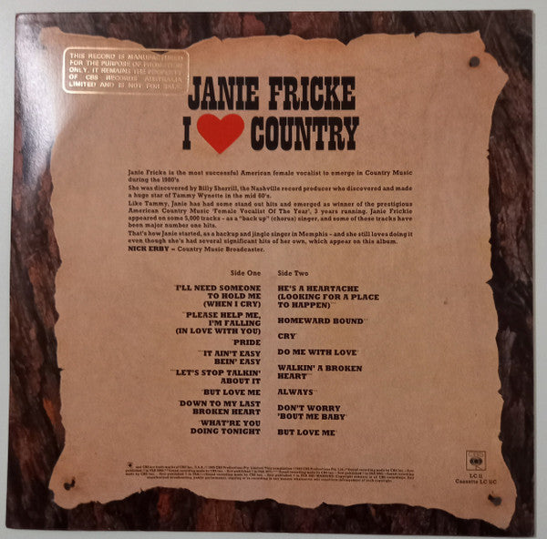 Janie Fricke – I Love Country LP vinyl record, image 2 of 4