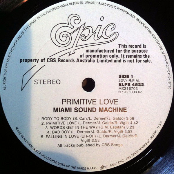Miami Sound Machine – Primitive Love LP vinyl record, image 3 of 4