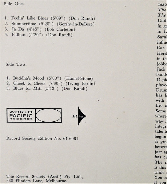Don Randi Trio – Feelin' Like Blues LP vinyl record, image 6 of 6
