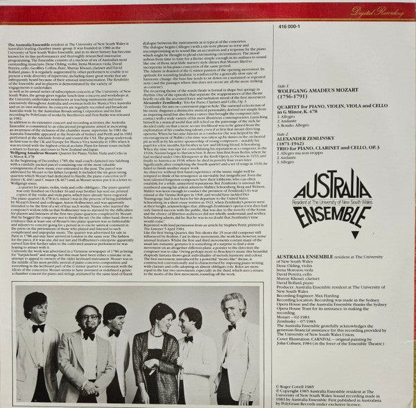 Wolfgang Amadeus Mozart, Alexander Von Zemlinsky, Australia Ensemble – Piano Quartet K.478 / Clarinet Trio Op.3 LP vinyl record, image 2 of 2
