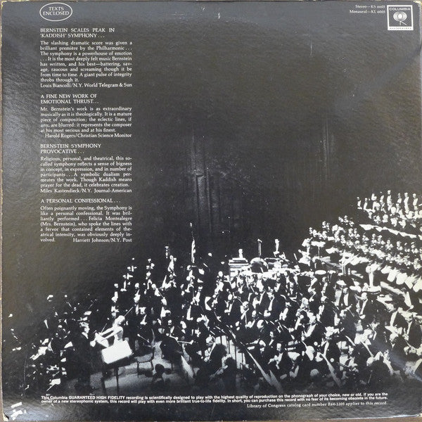 Leonard Bernstein, New York Philharmonic – Symphony No. 3 Kaddish (First Recording) LP vinyl record, image 2 of 6