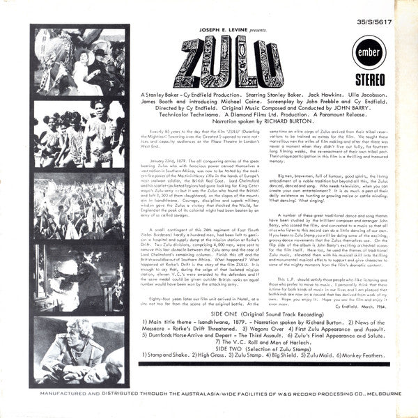 John Barry – Zulu (Original Motion Picture Sound Track & Other Themes) LP vinyl record, image 2 of 4