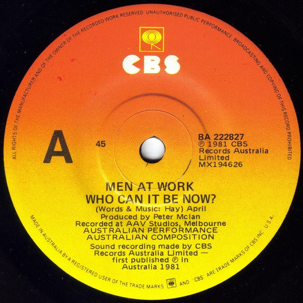 Men At Work – Who Can It Be Now? 7" vinyl record, image 3 of 4