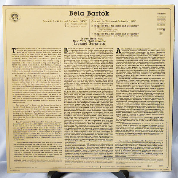 Béla Bartók, Isaac Stern, New York Philharmonic, Leonard Bernstein – Violin Concerto No. 2, Rhapsodies Nos. 1-2 LP vinyl record, image 3 of 3