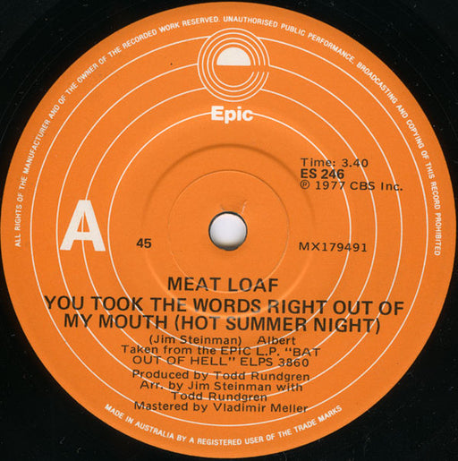 Meat Loaf – You Took The Words Right Out Of My Mouth 7" vinyl record, image 1 of 3