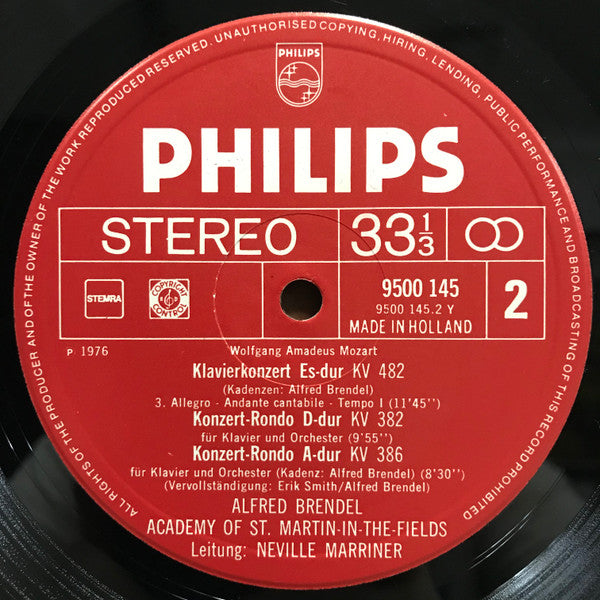 Wolfgang Amadeus Mozart, Alfred Brendel, The Academy Of St. Martin-in-the-Fields, Sir Neville Marriner – Piano Concerto In E Flat, K. 482 / Rondos, K. 382 And K. 386 LP vinyl record, image 4 of 4