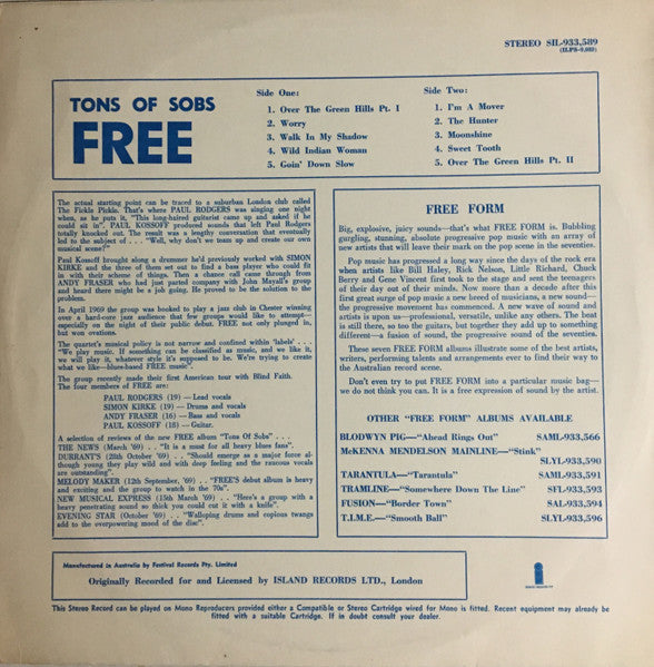 Free – Tons Of Sobs LP vinyl record, image 2 of 2