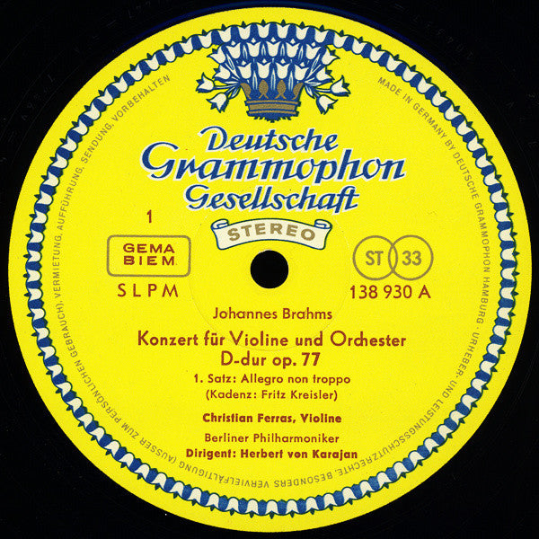 Johannes Brahms, Christian Ferras, Herbert von Karajan, Berliner Philharmoniker – Violinkonzert In D-dur LP vinyl record, image 3 of 5