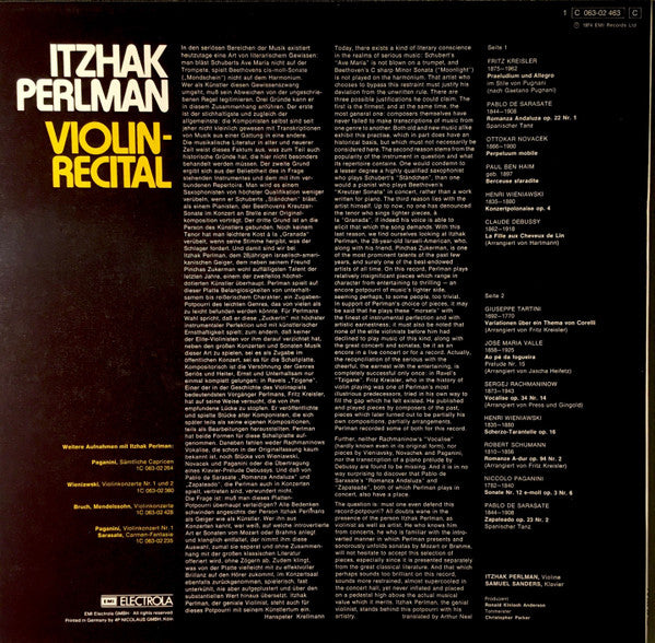 Itzhak Perlman – Violin Recital LP vinyl record, image 2 of 4