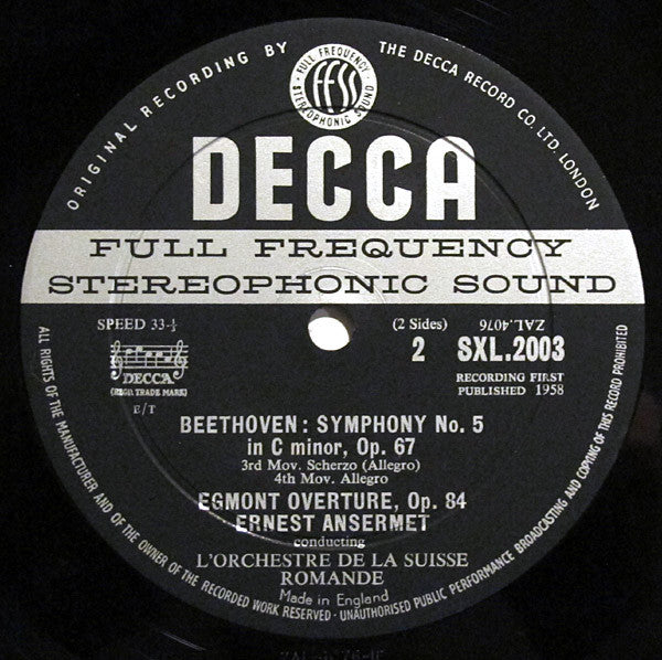 Ludwig van Beethoven, Ernest Ansermet, L'Orchestre De La Suisse Romande – Symphony No. 5 ∙ Egmont Overture LP vinyl record, image 4 of 4