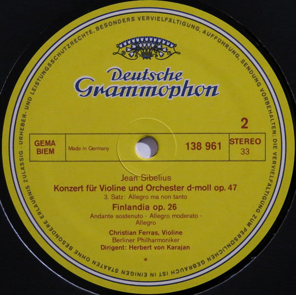 Jean Sibelius, Berliner Philharmoniker, Christian Ferras, Herbert von Karajan – Violinkonzert • Finlandia LP vinyl record, image 5 of 5