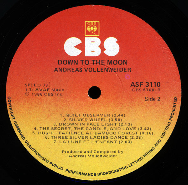 Andreas Vollenweider – Down To The Moon LP vinyl record, image 4 of 4